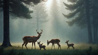 The primary subject of the image is a group of deer, including both adults and young ones, standing in a grassy field. The setting is a forest, with trees visible in the background. The visual style is a painting, which gives the scene a more artistic and detailed appearance. The colors and mood of the image are predominantly green and serene, as the deer are surrounded by the lush greenery of the forest.